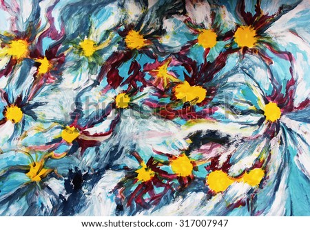 Yellow abstract flowers, Blue abstract background, Stars and flowers, Creative background, Postcard background, Creative thinking, Interesting abstract flowers or Abstract background, Art therapy