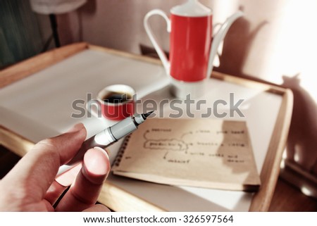 Coffee background or Coffee break, Good morning, Good day, Notes, New day, Coffee pause, Productivity, Coffee cup, Planning for future, Planning, Prepare, Happy day, Lucky day, New day, Coffee art