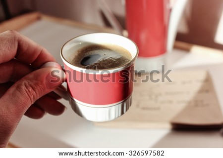 a Coffee cup or Coffee break, Good morning, Good day, Notes, New day, Coffee pause, Productivity, Coffee cup, Planning for future, Planning, Prepare, Happy day, Lucky day, New day, Coffee art