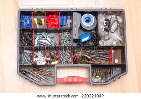 Home improvement hardware organizer, screws, drill bits, electrical, plumbing.