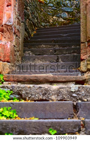 Stone steps on a tourist path in small city Saarburg, Rheinland-Pfalz, Germany