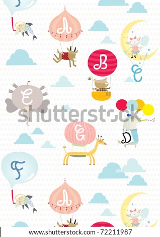 A wallpaper about animals with balloon flying. In the balloons are alphabet from A to G.