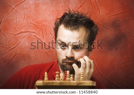 player thinking - funny scene, dramatic face expression; red background