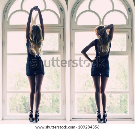 Silhouette of a woman at the window in the morning