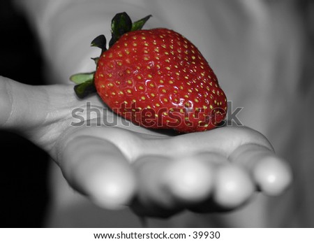 A bright red strawberry in a black and white hand.
