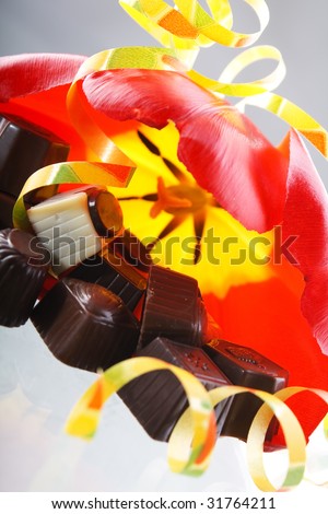 chocolate dessert and flowers