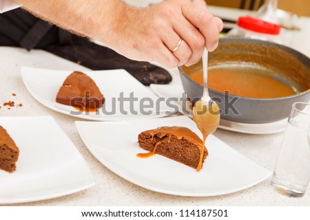 chocolate cake with caramel sauce