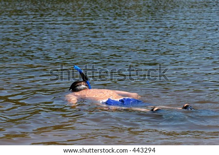 a young boy, cooling off and snorkeling in a lake