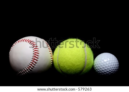 ball sports - a base ball, tennis ball, and golf ball side by side, close up over black