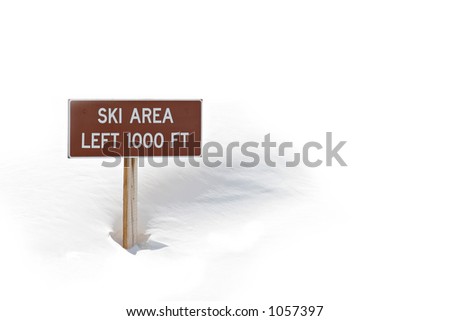 ski area sign in the snow, left 1000 feet. full frame, blown highlights to obtain white background.