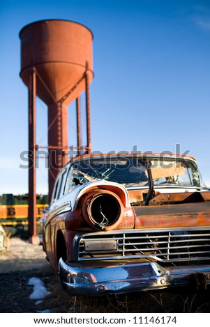 Vintage car broken and abandoned in a small town, Wyoming, United States