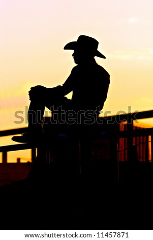 cowboy on the fence at a rodeo, backlit against setting sun