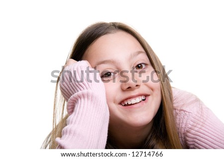 stock photo smiling young girl a happy preteen portrait isolated on 