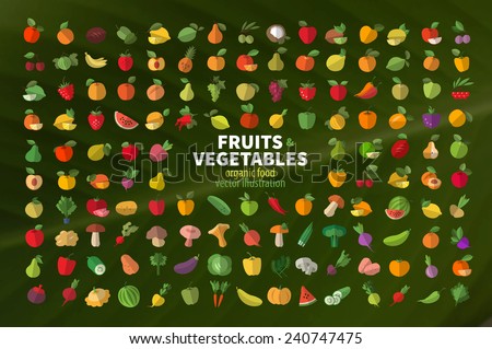 Food. Fruit and vegetables. Set of colored icons