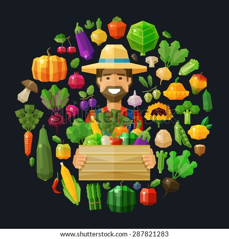 fresh food. fruits and vegetables icons set. farmer with a box in his hand