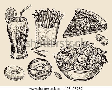 fast food. hand drawn soda, lemonade, fries, slice of pizza, salad, dessert, donut. sketch vector illustration