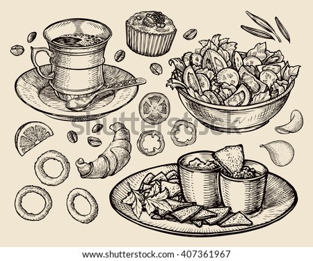 fast food. hand drawn cup coffee, tea, vegetable salad, nachos, muffin, dessert, croissant, onion rings, tomato. sketch vector illustration