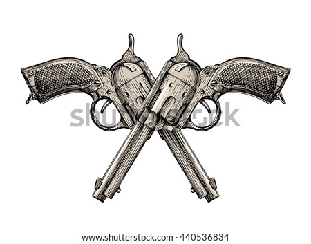 Crossed Pistols. Vintage Gun, Pistol Handgun Retro Revolver Stock