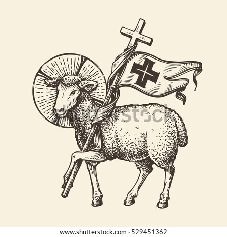 Lamb or sheep holding cross. Religious symbol. Sketch vector