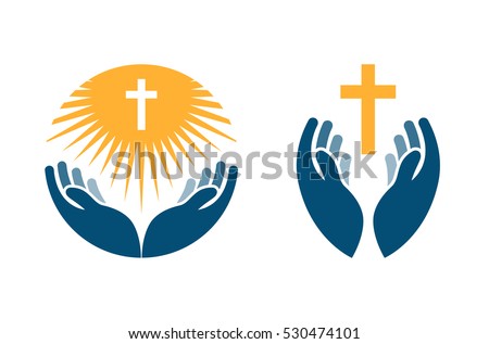 Hands holding Cross, icons or symbols. Religion, Church vector logo
