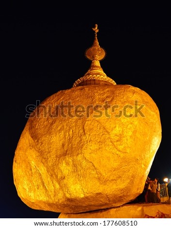 MON STATE,MYANMAR - 14 FEB 2014 : Kyaiktiyo Pagoda or the Golden Rock which means the hermit\'s head. The miracle pagoda on the edge of the mountain. One of the 5 Greatest Holy Places in Myanmar.
