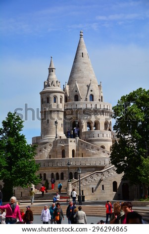 BUDAPEST, HUNGARY - 27 May 2015 : The Fisherman's Bastion, one of the famous destinations in Hungary. It is located in the area of Hungary Castle which also near the Matthias Church.