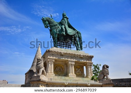 BUDAPEST, HUNGARY - 27 May 2015 : The monument at Matthias Church, one of the famous attractions in Hungary. It is located in the area of Hungary Castle which also near Fisherman\'s Bastion.