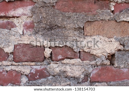 Brick and mortar on a very old brick wall in Atlanta.