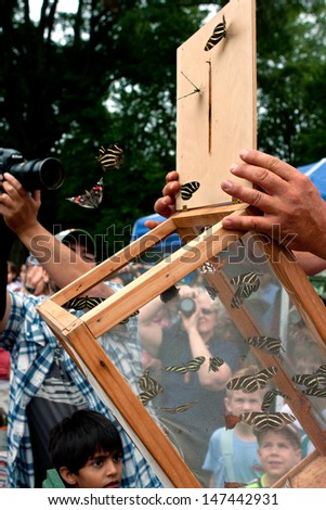 ROSWELL, GA - JULY 13:  Butterflies are released from a box as spectators look on, at the Chattahoochee Nature Center's Butterfly Festival on July 13, 2013 in Roswell, GA.
