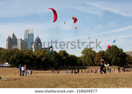 ATLANTA, GA - OCTOBER 26:  Composite shows multiple kites flying over Piedmont Park combined into one image, as people take part in the World Kite Festival on October 26, 2013 in Atlanta, GA.