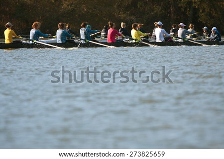 ATLANTA, GA - NOVEMBER 22:  The women\'s crew teams from Emory University and Georgia Tech row against each other on the Chattahoochee River on a fall morning on November 22, 2014 in Atlanta, GA.