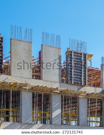 Concrete formwork and reinforcing bars on the office building construction site
