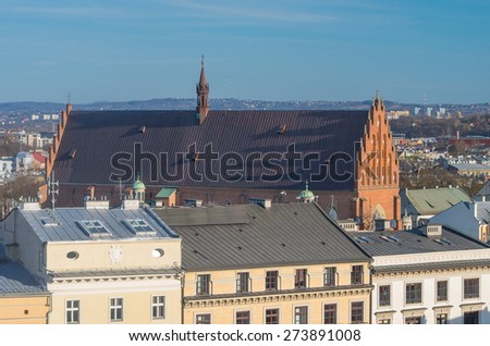 Krakow, Poland, Holy Trinity church of the Dominican order seen from Town Hall tower