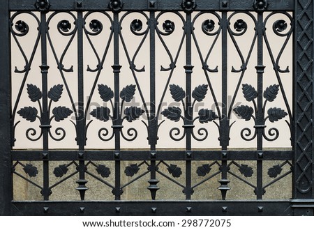 Detail of decorative metal fence with floral elements