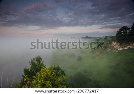 Vistula river valley covered with the mornings mists near Krakow, Poland