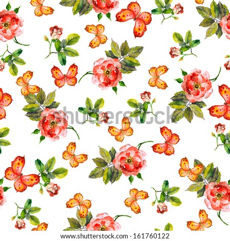 Pink Seamless Feminine Pattern With Romantic Roses And Pretty Butterflies