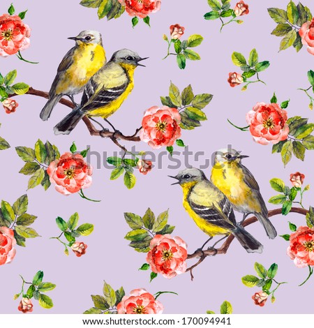 Calm Violet Tiled Pattern With Pink Roses And Yellow Songbirds
