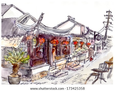 Watercolor Painted Chinese Old Town Street With Cafe And Red Lanterns In China