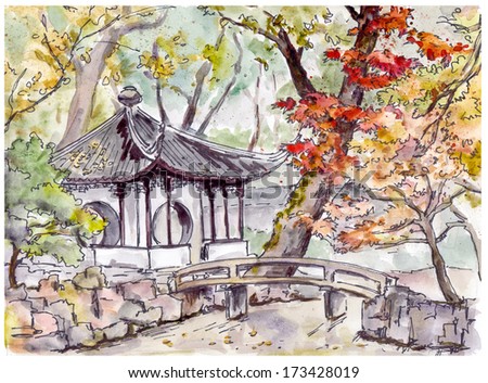 Chinese garden with bridge and pagoda pavilion in Suzhou (China)