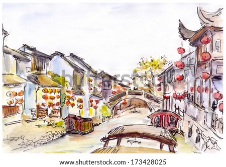 Watercolor Painted Chinese Water Canal In Old Town In China. Red Lanterns.