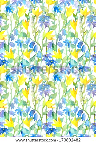 Seamless floral textile template with hand drawn fantasy flowers painted by wet watercolor