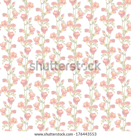 Pastel light repeated wallpaper with faded floral design -  red freesias flowers