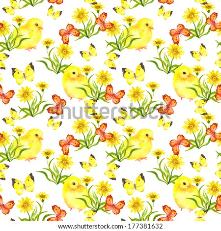 Seamless floral template with yellow chicken and butterflies. Watercolor hand painted drawing