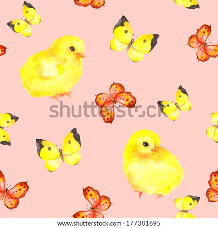 Seamless girly pink pattern with cute chicken and butterflies. Watercolor hand drawn painting