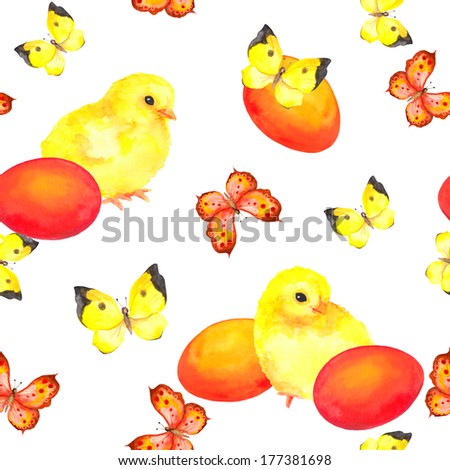 Seamless swatch with yellow chicken, butterflies and easter eggs. Watercolor hand drawn painting