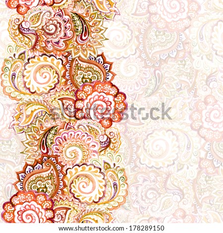 ornamental ethnic light backdrop with bright red-brown border with indian ornament