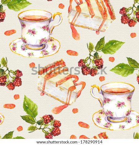 Seamless backdrop with tea cup, berries, jam and cheese cakes on paper canvas background
