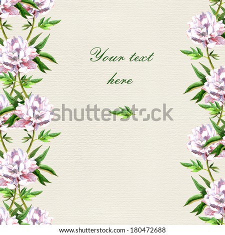 Seamless floral vintage greeting card with white-pink retro peony flowers on paper texture. Watercolor painted drawing.