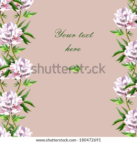 Seamless floral invitation card with white-pink peonies flowers frame on beige backdrop. Watercolour.