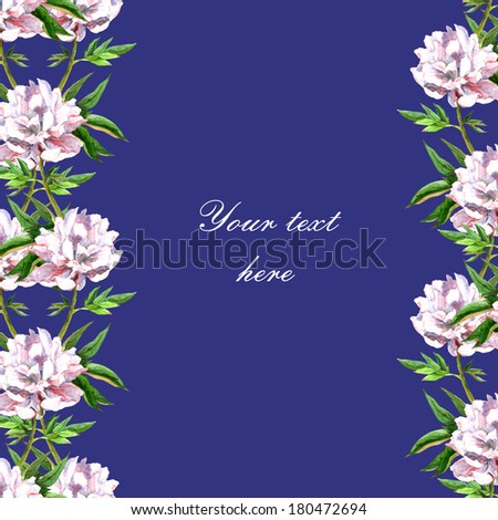 Seamless blue floral postcard with white-pink peony flower border. Aquarelle hand drawing.